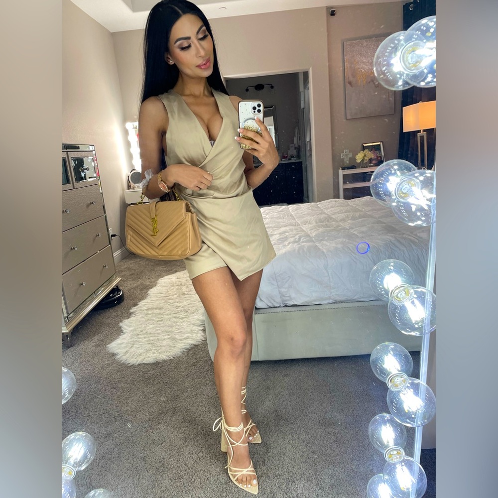 House of CB Cream Bodycon Mini Dress Plunge Neckline